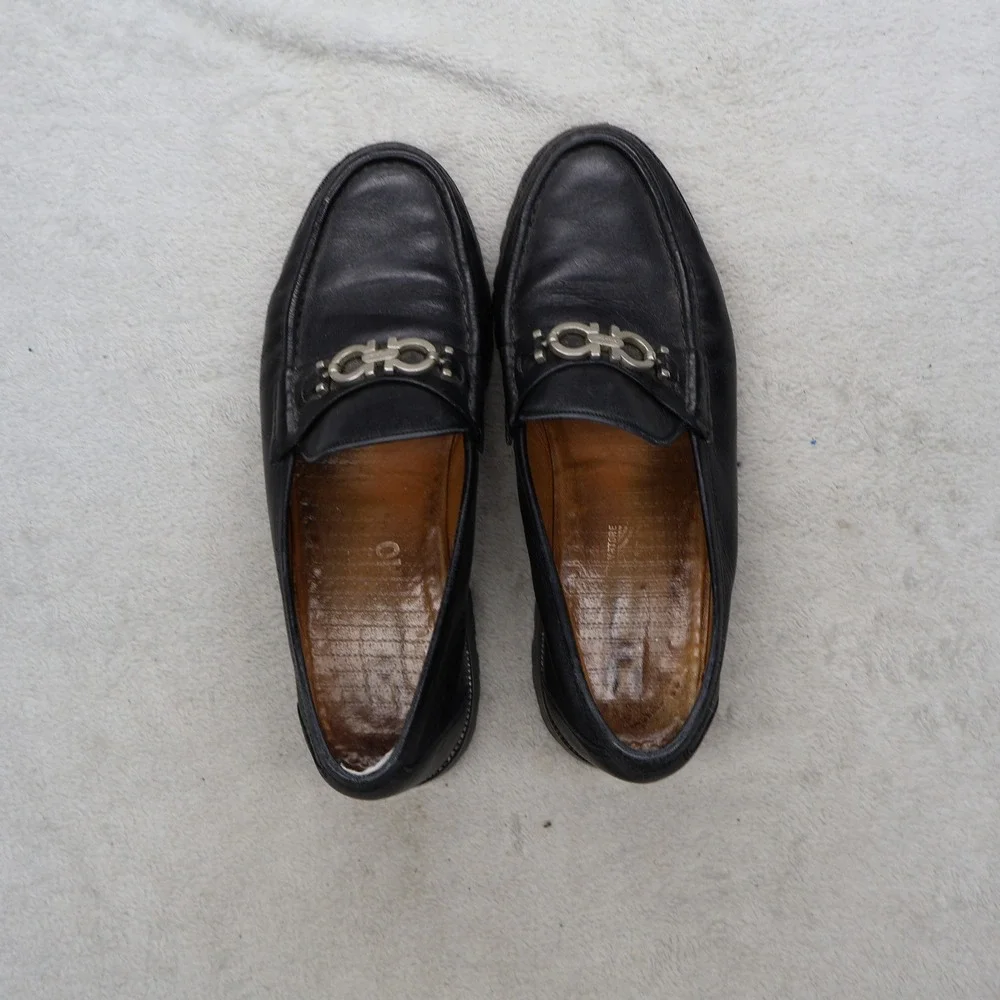 Salvatore Ferragamo Men 9EE Loafers BLK Gancini Leather Slip On Dress Casual VTG